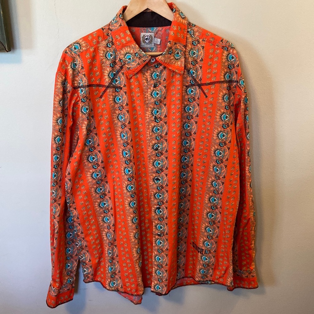 Cinch Mens XL Black Pearl Snap Shirt Orange Blue Print Western Rodeo
